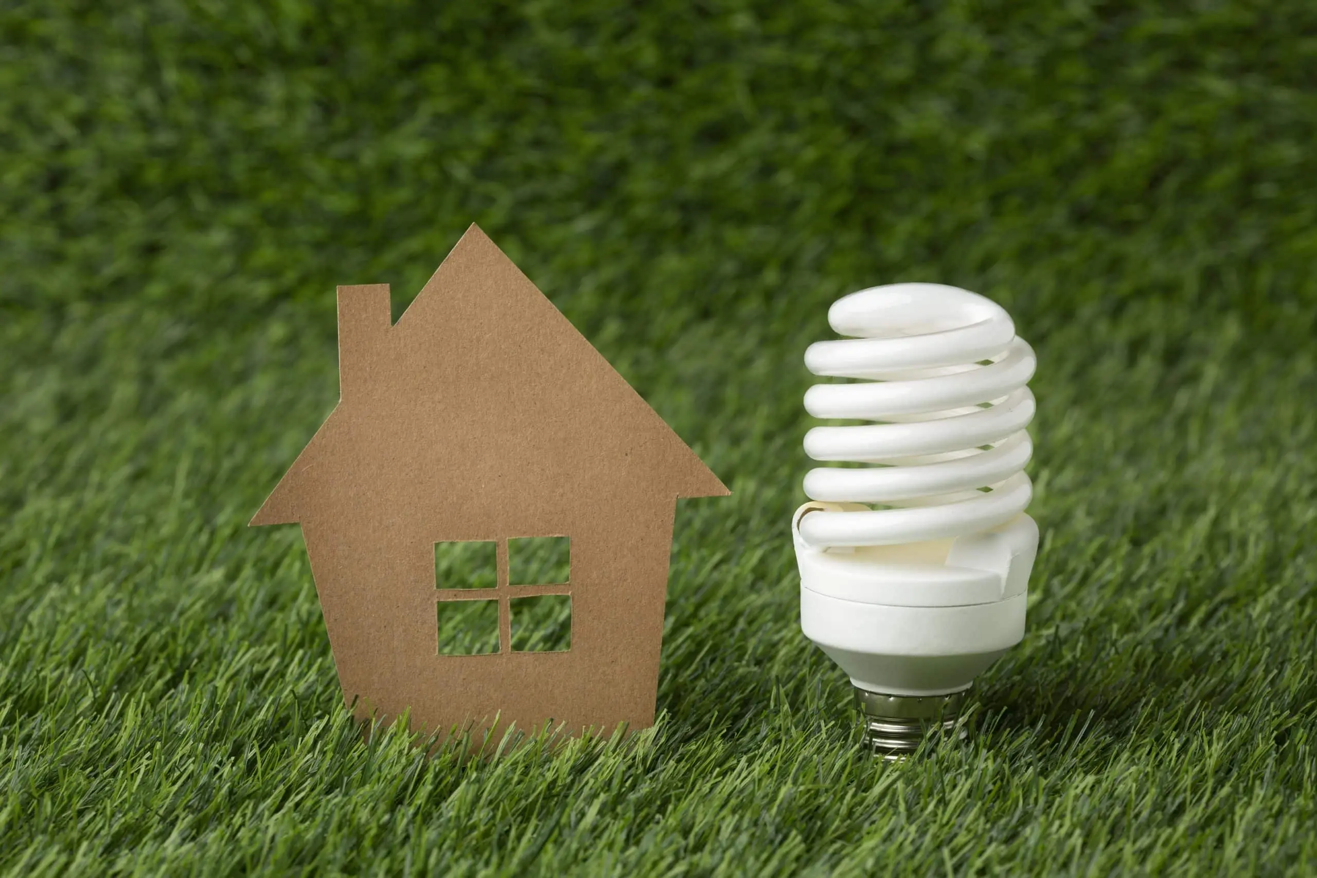 Maison avec une ampoule sur une pelouse