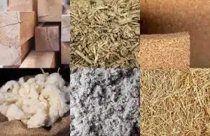 photo de plusieurs matériaux biosourcés ( béton de chanvre, fibre de bois ect )