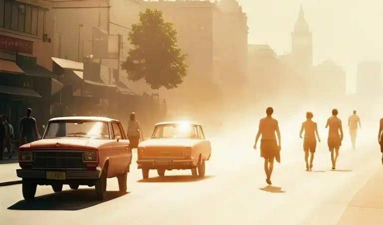 une ville avec un soleil qui tape fort, des personnes torses nu sur la route