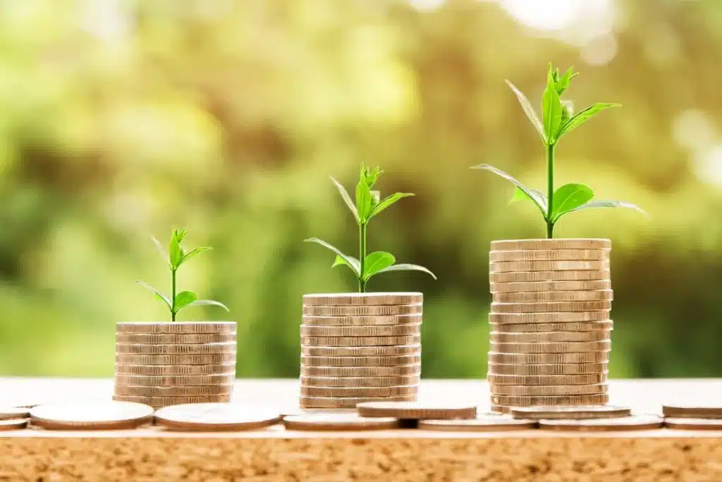 Des piles de pièces avec des petites plantes