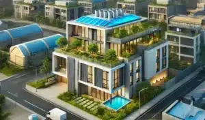 Image mettant en avant des toitures bleues