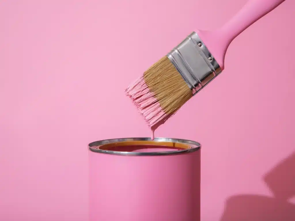 pot de peinture rose avec ustensiles à côté